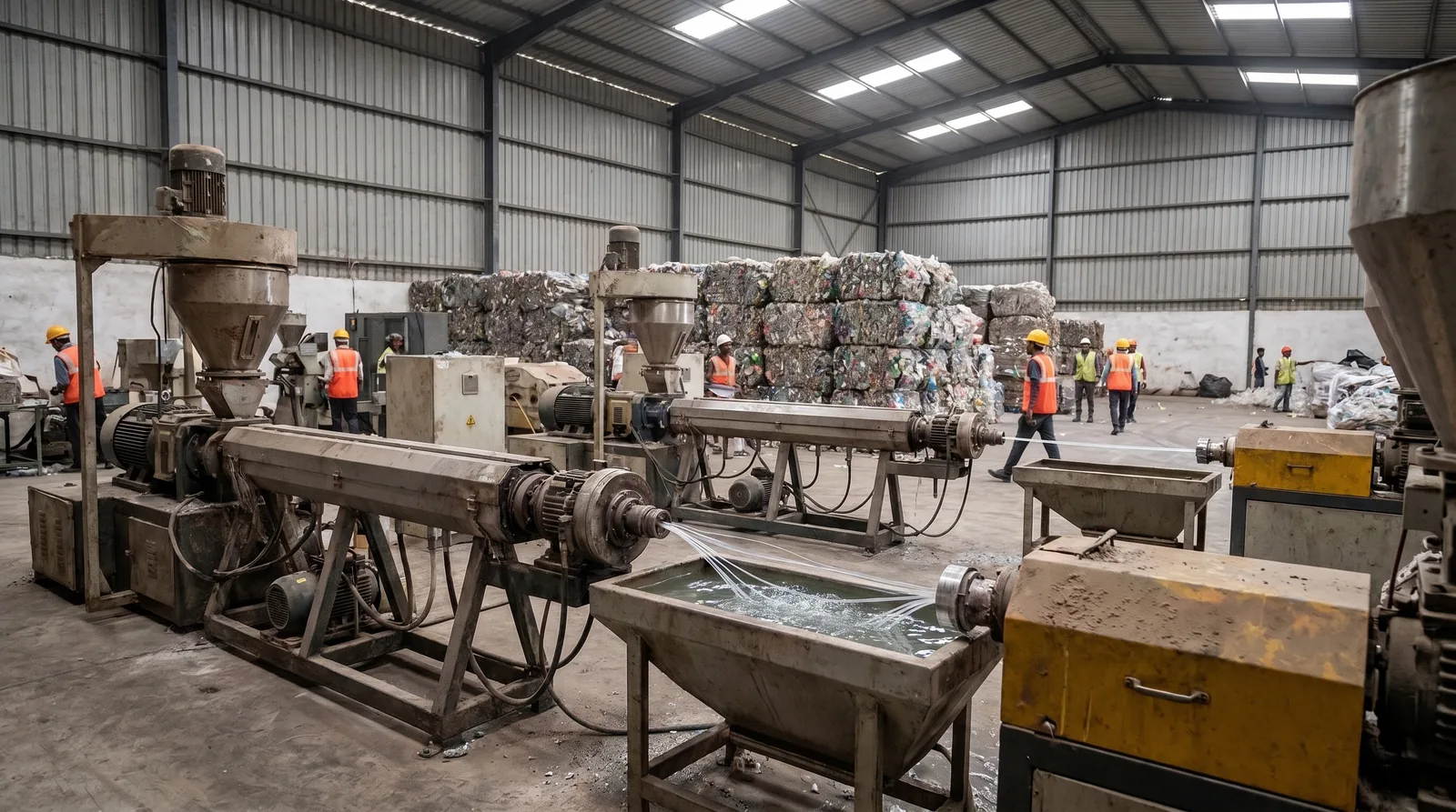 Interior of a ZWL plastic recycling facility with extrusion and pelletizing machinery, baled plastic scrap, and workers in safety vests