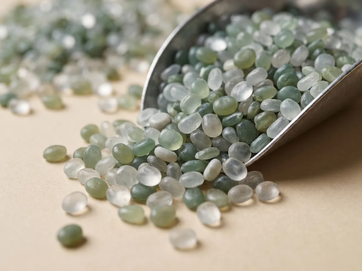 Recycled plastic granules in mixed green and clear tones spilling from a metal scoop